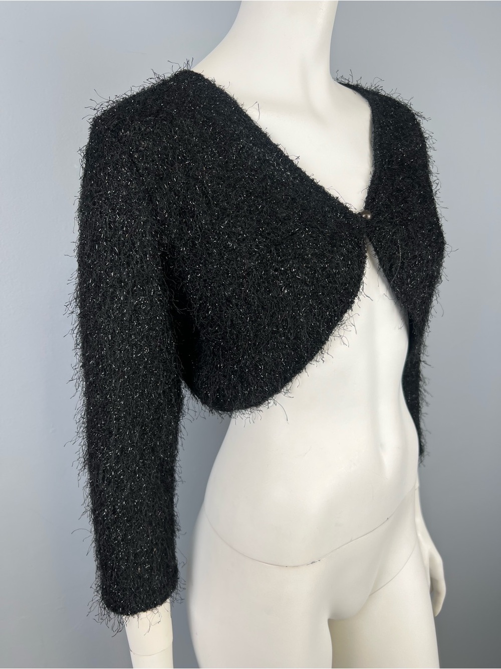 Yessica Black Fuzzy Cropped Bolero Sweater - Women - one button on front